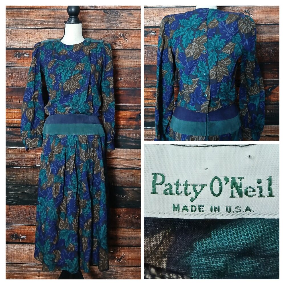 Patty O'Neil Vintage 80s Midi Dress M Rayon Suede Trim Leaf Print Made in USA
